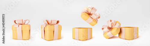 3d orange gift boxes open and closed standing on the floor with yellow pastel ribbon bow isolated on a light background. 3d render modern holiday surprise box. Realistic vector icons.