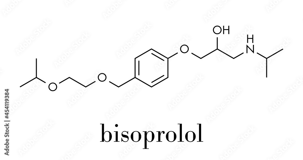 Bisoprolol beta blocker drug molecule. Used to treat high blood pressure (hypertension), cardiac ischemia, etc. Skeletal formula.