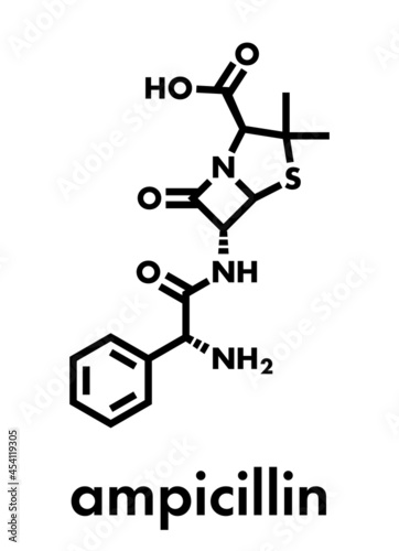 Ampicillin beta-lactam antibiotic drug molecule. Skeletal formula.