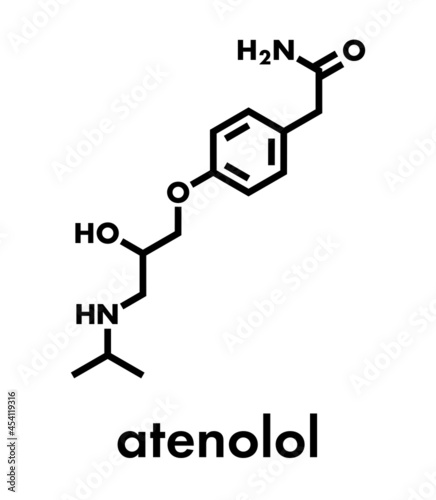 Atenolol hypertension or high blood pressure drug (beta blocker) molecule. Skeletal formula.