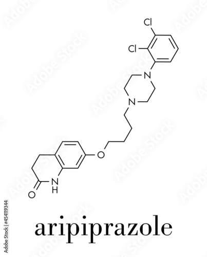 Aripiprazole antipsychotic drug molecule. Skeletal formula.