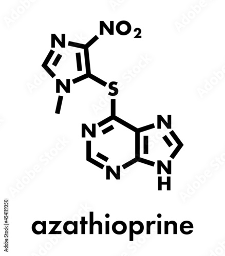 Azathioprine immunosuppressive drug molecule. Used to prevent transplant rejection and in treatment of autoimmune disease. Skeletal formula. photo