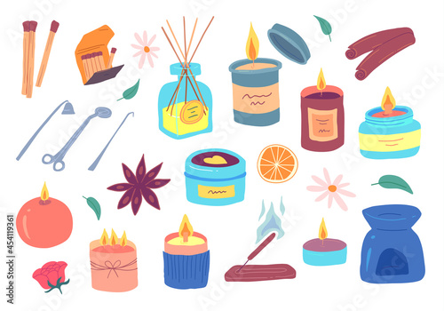 Cartoon Color Various Candles Icons Set Flat Design Style. Vector illustration of Wax Candle in Glass or Metal Jar Icon