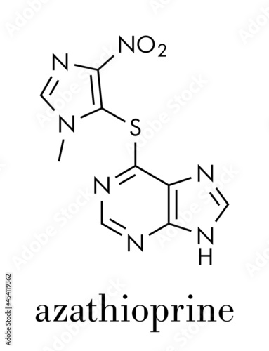 Azathioprine immunosuppressive drug molecule. Used to prevent transplant rejection and in treatment of autoimmune disease. Skeletal formula.