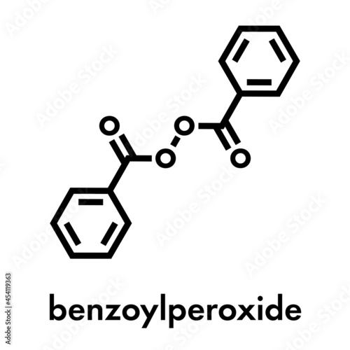 Benzoyl peroxide acne treatment drug molecule. Also used to dye hair and whiten teeth (bleaching). Skeletal formula.
