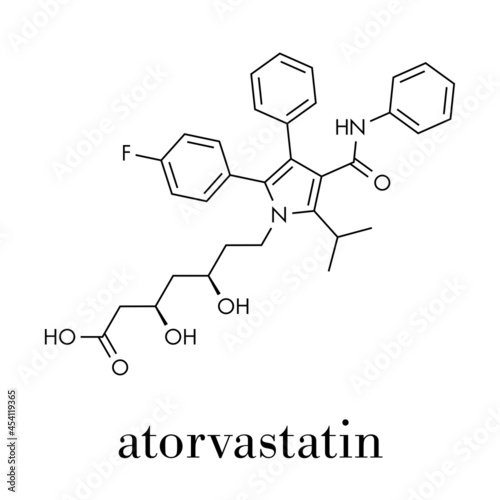 Atorvastatin cholesterol lowering drug (statin class) molecule. Skeletal formula. photo