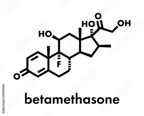 Betamethasone anti-inflammatory and immunosuppressive steroid drug molecule. Skeletal formula.