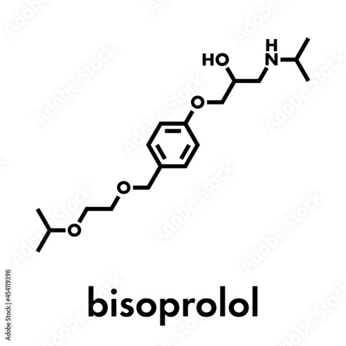 Bisoprolol beta blocker drug molecule. Used to treat high blood pressure (hypertension), cardiac ischemia, etc. Skeletal formula.
