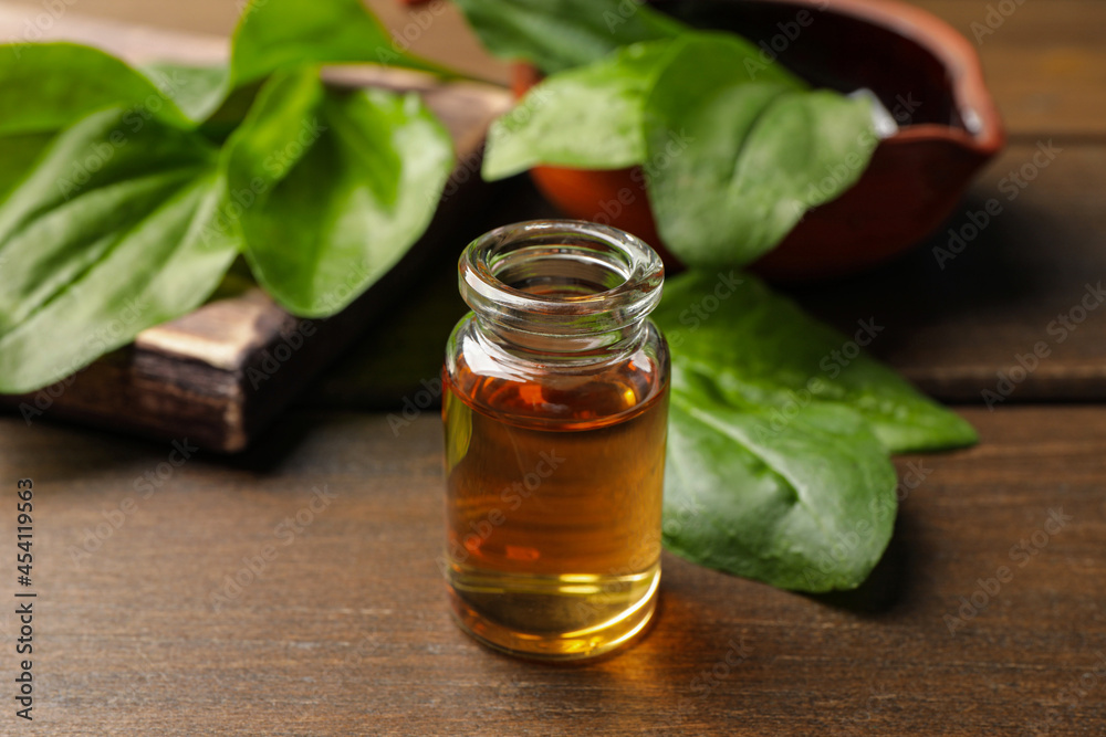 Bottle of broadleaf plantain extract and leaves on wooden table Bottle of broadleaf plantain extract and leaves on wooden table