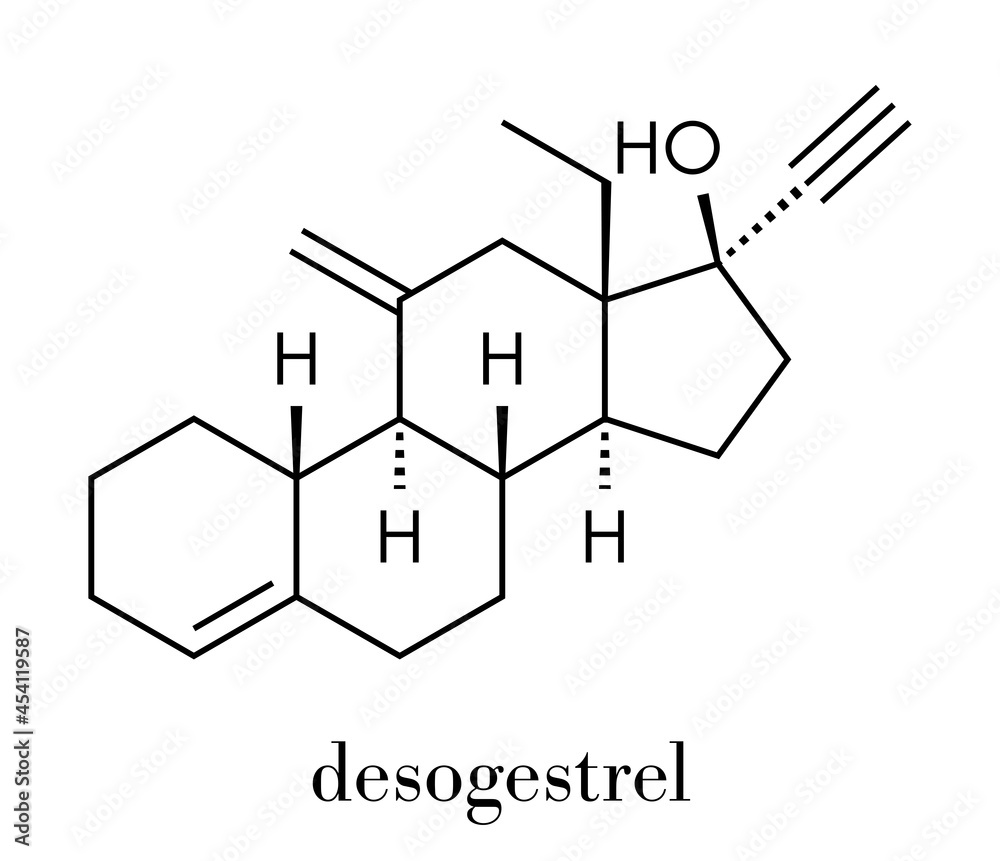 Desogestrel birth control pill drug molecule. Skeletal formula. Desogestrel birth control pill drug molecule. Skeletal formula.