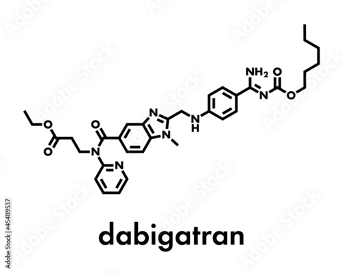 Dabigatran anticoagulant drug (direct thrombin inhibitor) molecule. Skeletal formula.