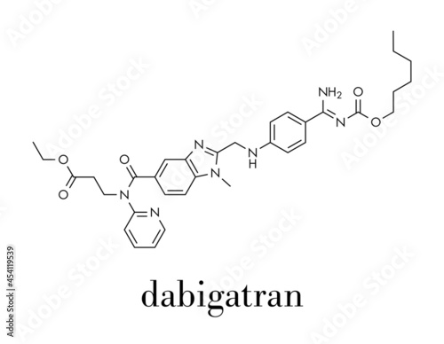 Dabigatran anticoagulant drug (direct thrombin inhibitor) molecule. Skeletal formula.