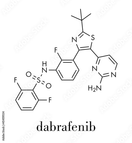 Dabrafenib melanoma cancer drug molecule. Skeletal formula.