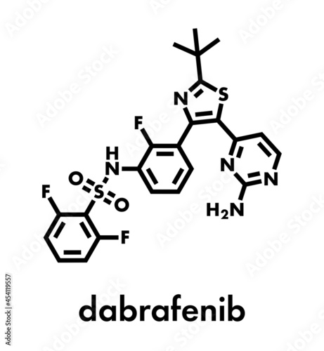 Dabrafenib melanoma cancer drug molecule. Skeletal formula.