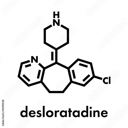 Desloratadine antihistamine drug molecule. Used to treat hay fever  urticaria and allergies. Skeletal formula.