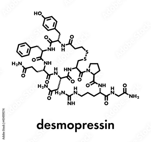 Desmopressin peptide, synthetic replacement of vasopressin hormone molecule. Used in treatment of bedwetting. Skeletal formula. photo