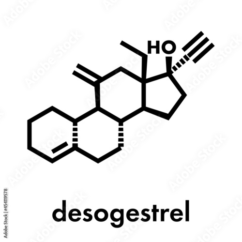 Desogestrel birth control pill drug molecule. Skeletal formula.