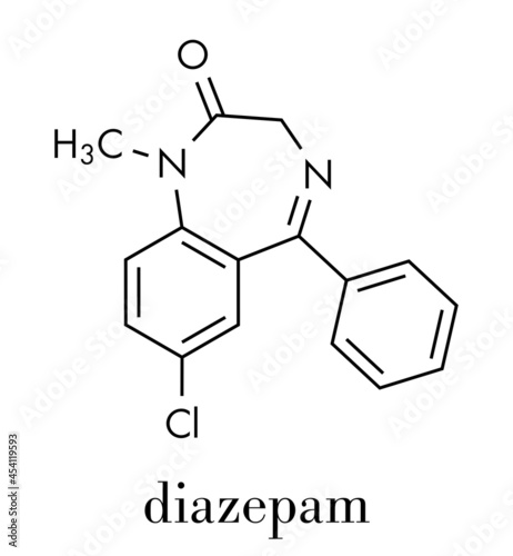 Diazepam sedative and hypnotic drug (benzodiazepine class) molecule. Skeletal formula. photo