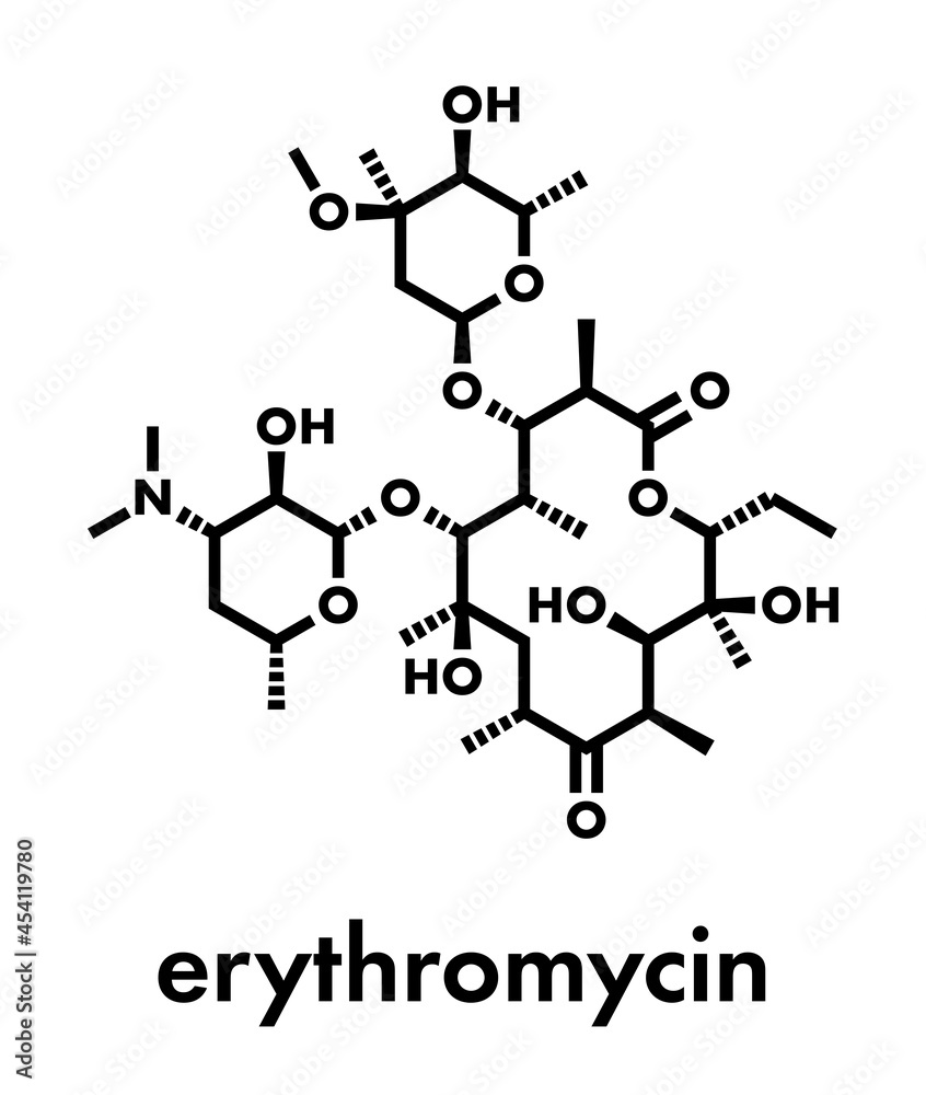 Erythromycin antibiotic drug (macrolide class) molecule. Skeletal formula. Erythromycin antibiotic drug (macrolide class) molecule. Skeletal formula.