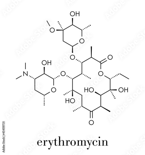 Erythromycin antibiotic drug (macrolide class) molecule. Skeletal formula.