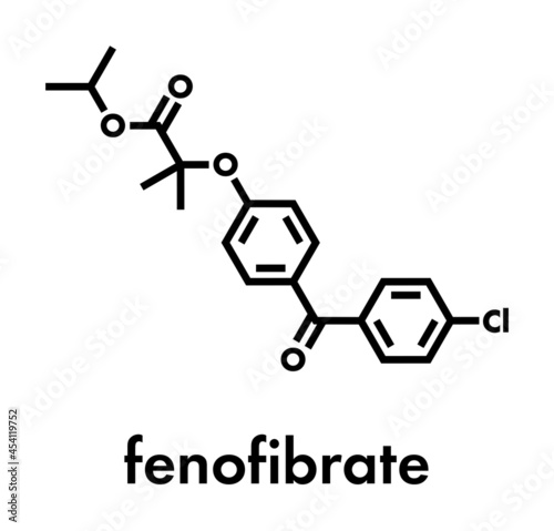 Fenofibrate cholesterol lowering drug (fibrate class) molecule. Skeletal formula.