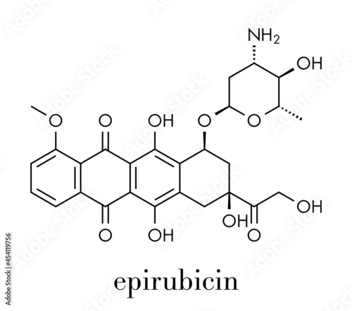 Epirubicin cancer chemotherapy drug molecule. Skeletal formula.