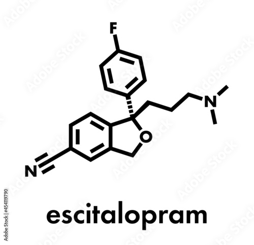 Escitalopram antidepressant drug (SSRI class) molecule. Skeletal formula.