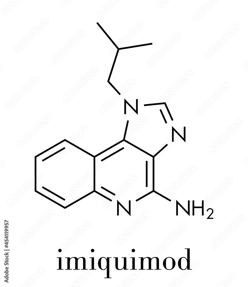 Imiquimod topical skin cancer drug molecule. Skeletal formula. Imiquimod topical skin cancer drug molecule. Skeletal formula.