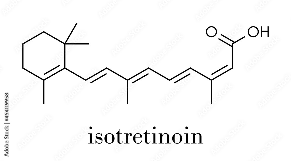 Isotretinoin acne treatment drug molecule. Known to be a teratogen (causes birth defects). Skeletal formula.