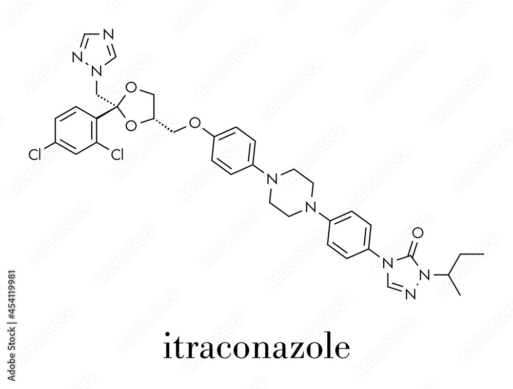 Itraconazole antifungal drug (triazole class) molecule. Skeletal formula.