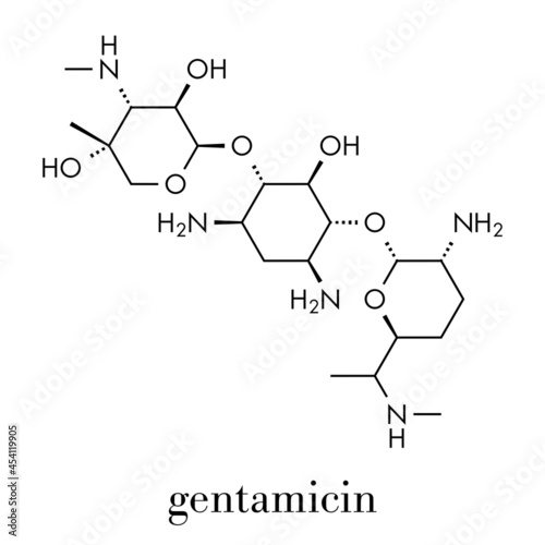 Gentamicin antibiotic drug (aminoglycoside class) molecule. Skeletal formula. photo