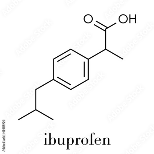 Ibuprofen pain and inflammation drug (NSAID) molecule. Skeletal formula.