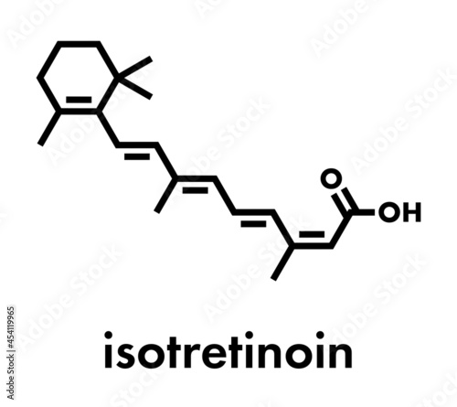 Isotretinoin acne treatment drug molecule. Known to be a teratogen (causes birth defects). Skeletal formula.