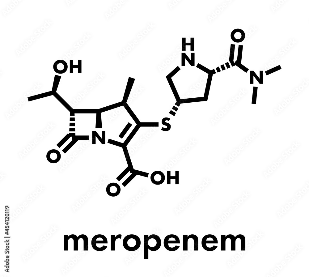 Meropenem broad-spectrum antibiotic drug molecule (carbapenem class). Skeletal formula. Meropenem broad-spectrum antibiotic drug molecule (carbapenem class). Skeletal formula.