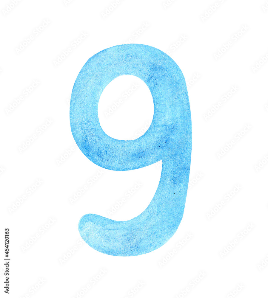 watercolor blue nine number isolated on white