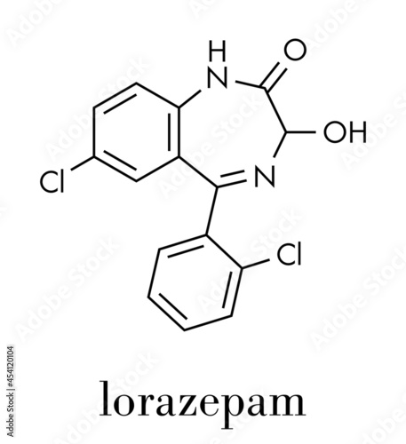 Lorazepam sedative and hypnotic drug (benzodiazepine class) molecule. Skeletal formula.
