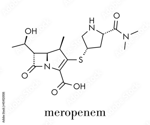 Meropenem broad-spectrum antibiotic drug molecule (carbapenem class). Skeletal formula.