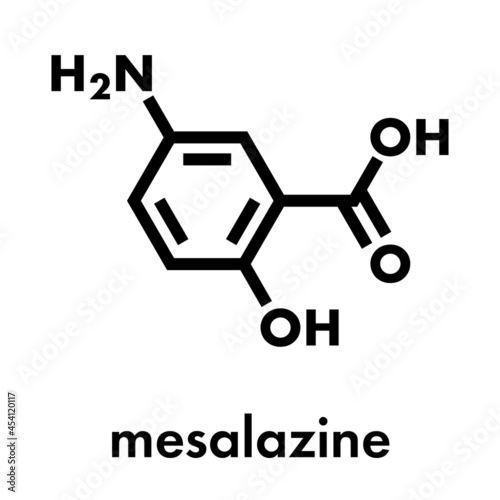 Mesalazine (mesalamine, 5-aminosalicylic acid, 5-ASA) inflammatory bowel disease drug molecule. Used to treat ulcerative colitis and Crohn's disease. Skeletal formula.