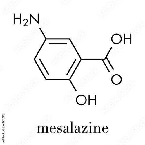 Mesalazine (mesalamine, 5-aminosalicylic acid, 5-ASA) inflammatory bowel disease drug molecule. Used to treat ulcerative colitis and Crohn's disease. Skeletal formula.