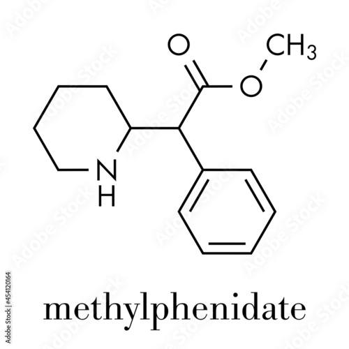 Methylphenidate attention-deficit hyperactivity disorder (ADHD) drug molecule. Skeletal formula.