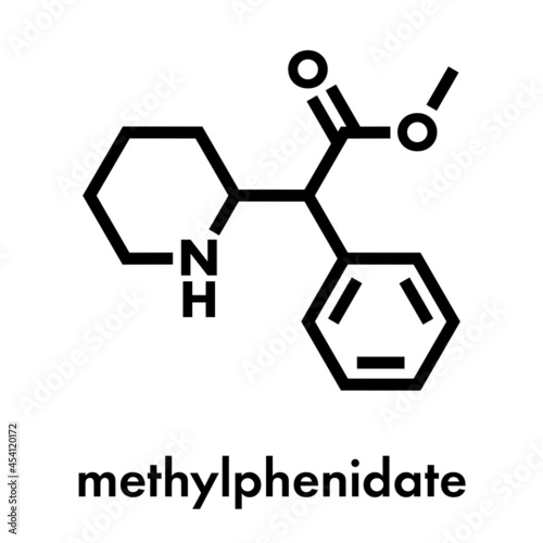 Methylphenidate attention-deficit hyperactivity disorder (ADHD) drug molecule. Skeletal formula.