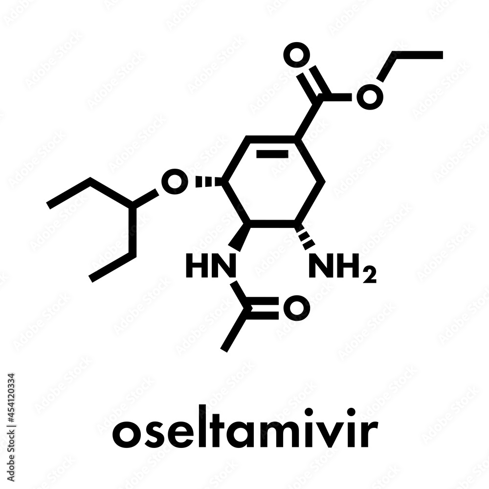 Oseltamivir influenza virus drug molecule. Skeletal formula. Oseltamivir influenza virus drug molecule. Skeletal formula.