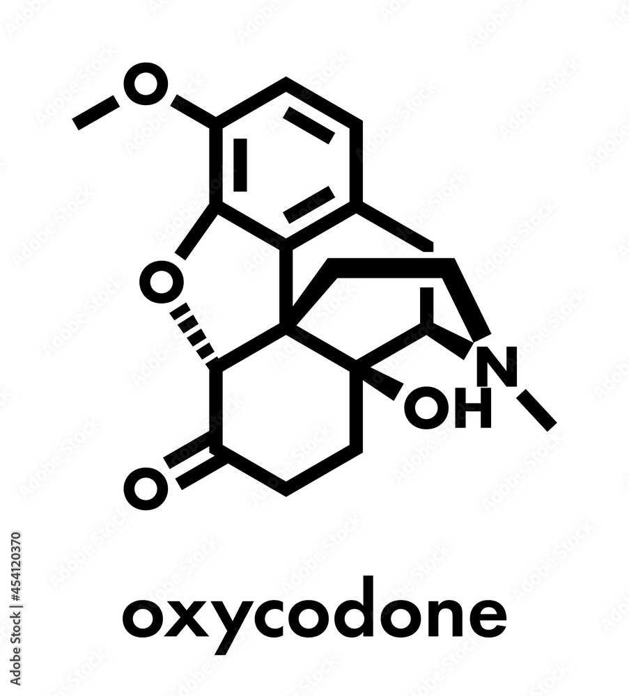 Oxycodone pain relief drug molecule. Skeletal formula. Oxycodone pain relief drug molecule. Skeletal formula.