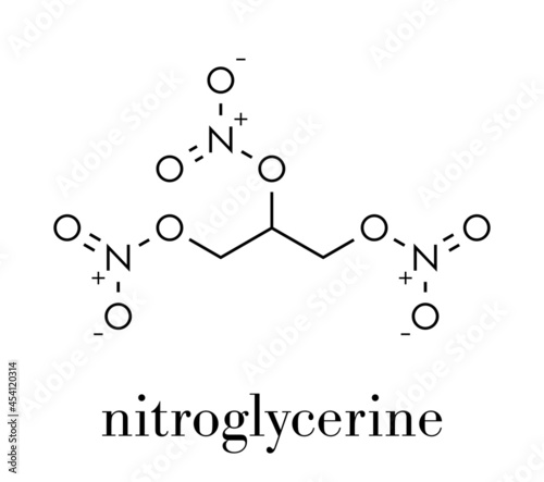 Nitroglycerin (nitro, glyceryl trinitrate) drug and explosive molecule. Skeletal formula. photo
