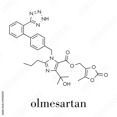 Olmesartan high blood pressure (hypertension) drug. Skeletal formula.