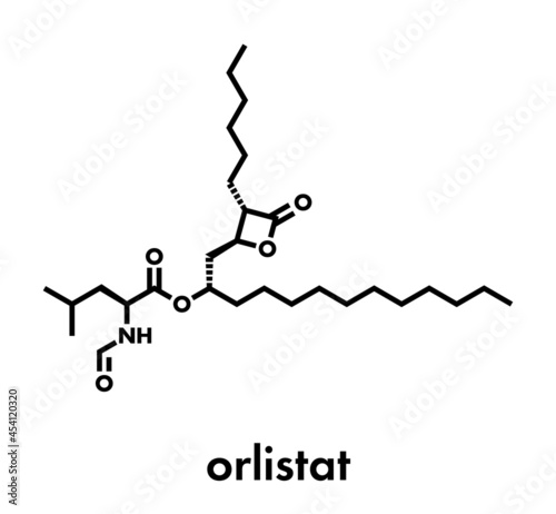 Orlistat obesity drug molecule. Skeletal formula. photo