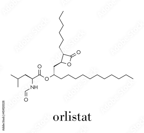 Orlistat obesity drug molecule. Skeletal formula.