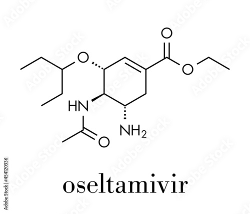 Oseltamivir influenza virus drug molecule. Skeletal formula.