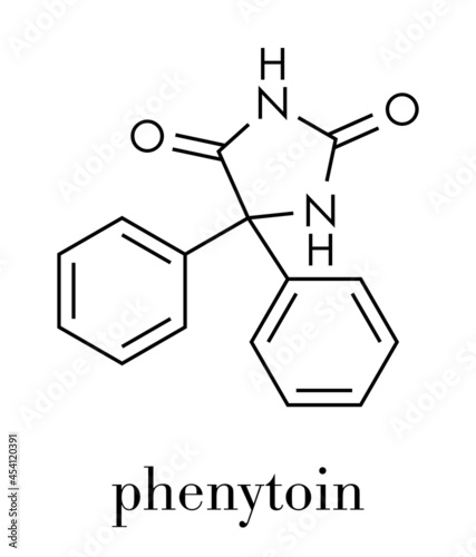 Phenytoin epilepsy drug molecule. Skeletal formula.