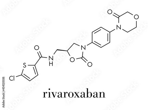 Rivaroxaban anticoagulant drug (direct factor Xa inhibitor) molecule. Skeletal formula.